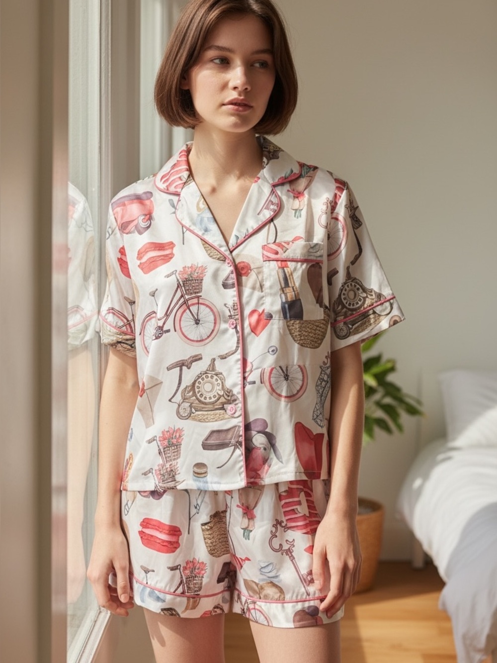 She- Show Silky Printed Two-Piece Pajama Set with Pink Piping